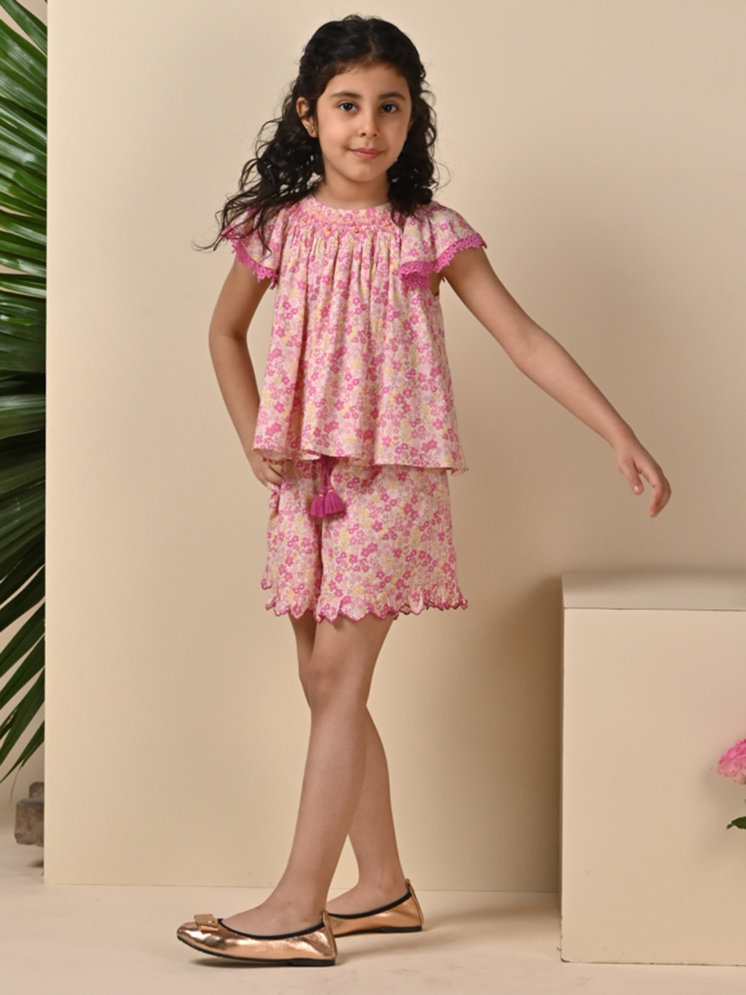

The Tribe Kids Girls Floral Printed Flutter Sleeve Embroidered Pure Cotton Top, Pink