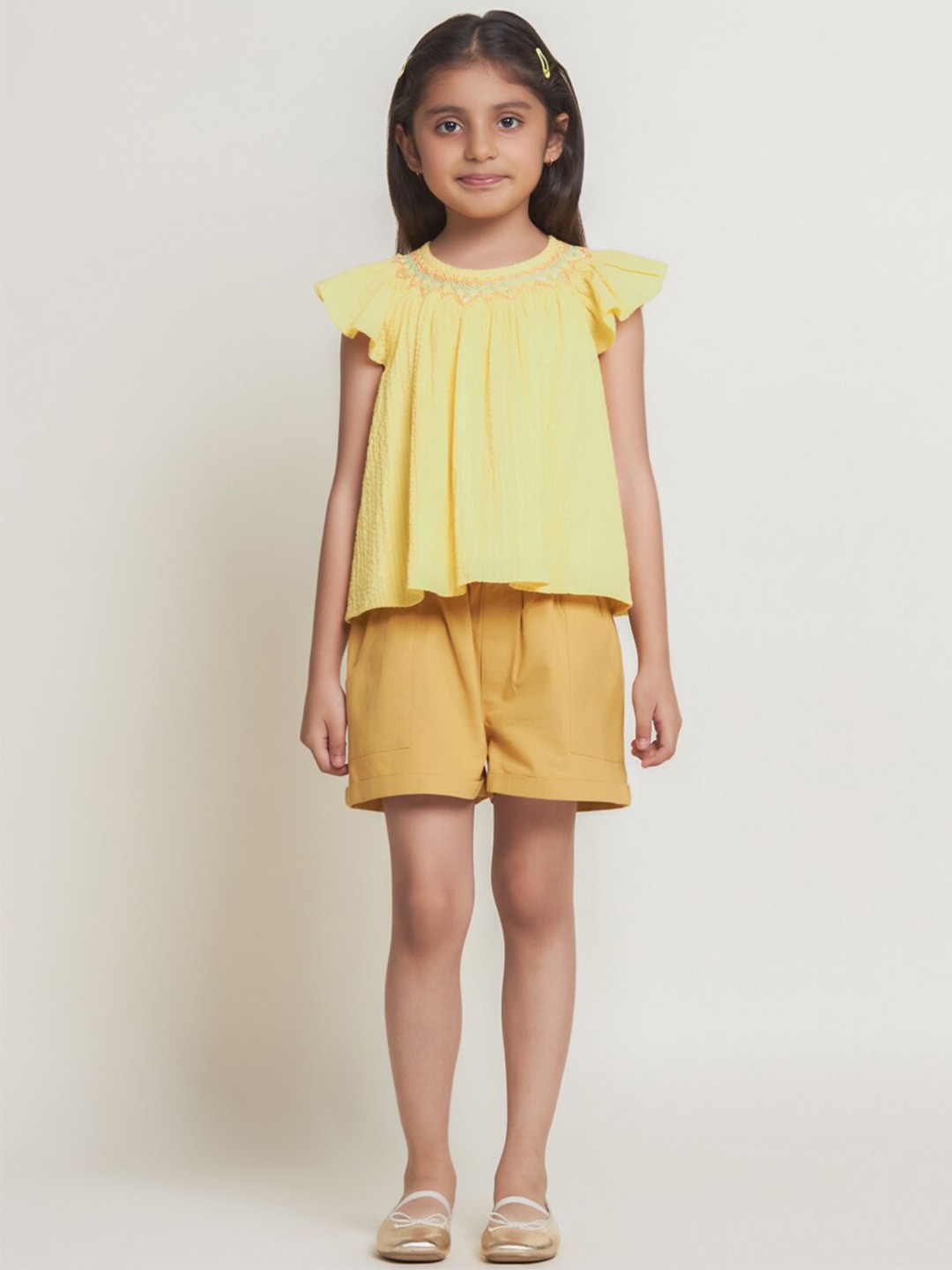 

The Tribe Kids Girls Round Neck Embroidered Sleeveless Pure Cotton Top, Yellow