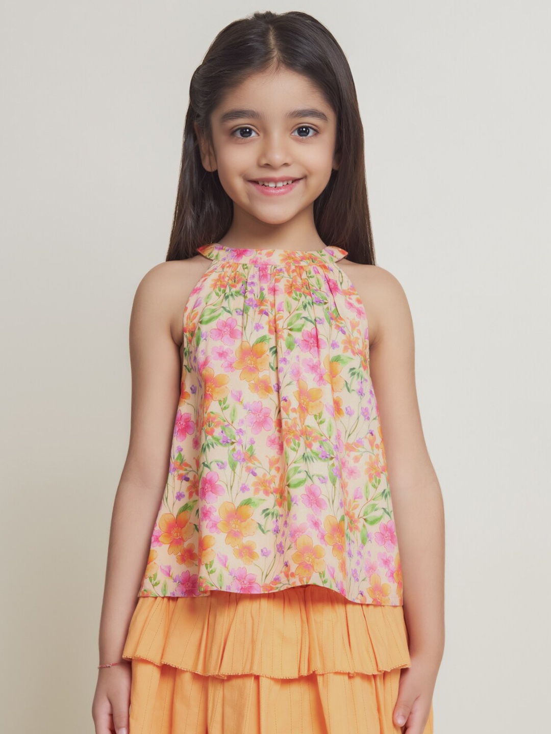 

The Tribe Kids Girls Halter Neck Sleeveless Floral Printed Pure Cotton Top, Orange