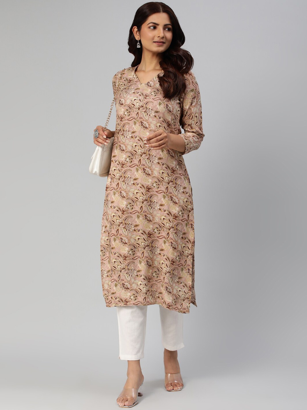 

KALINI Floral Printed Straight Kurta, Beige