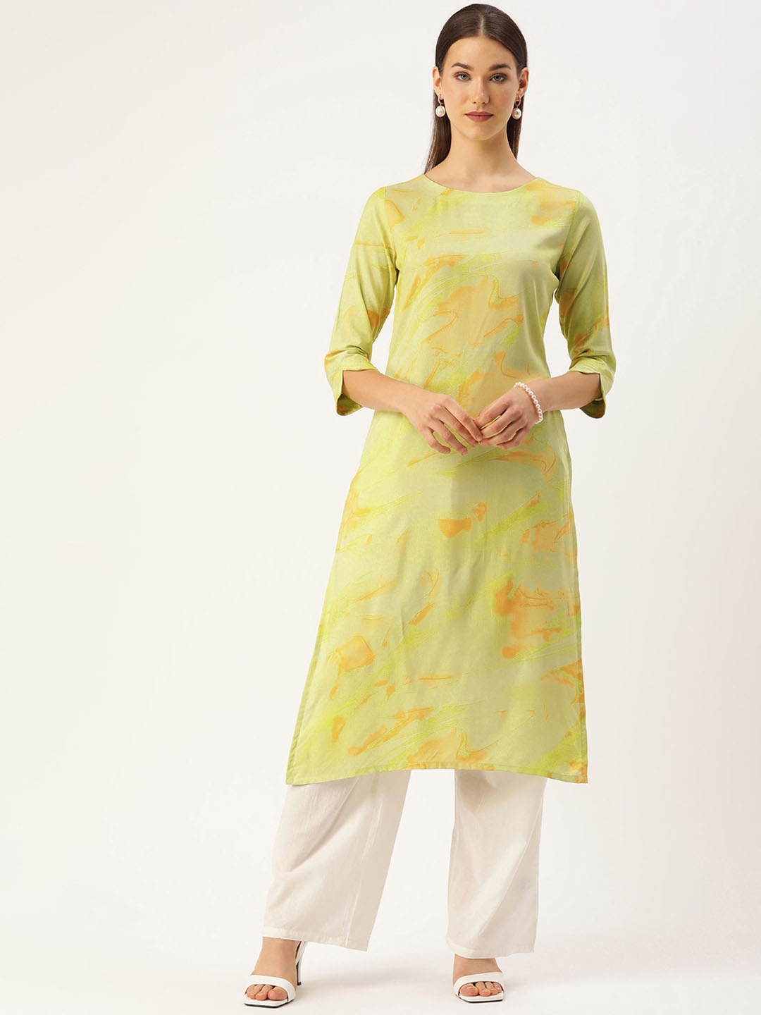 

KALINI Abstract Printed Boat Neck Straight Kurta, Green