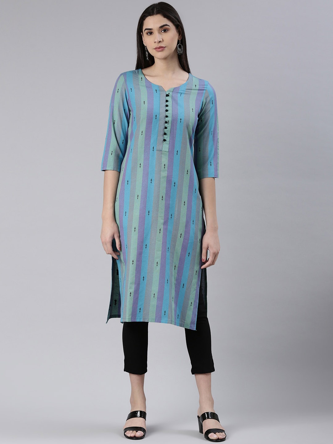

KALINI Striped Thread Work Straight Kurta, Violet