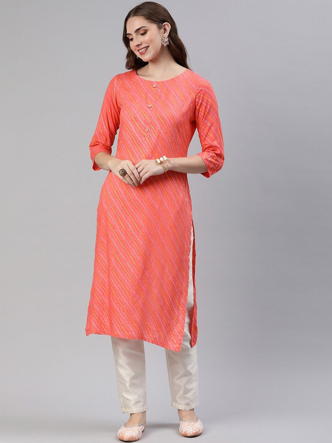 

KALINI Leheriya Printed Round Neck Straight Kurta, Pink