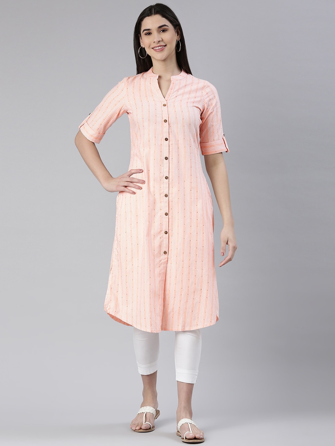 

KALINI Striped Sequinned Mandarin Collar Roll-Up Sleeves Straight Kurta, Peach