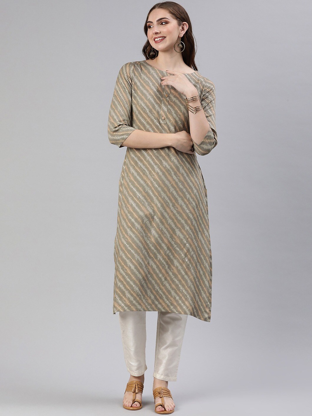 

KALINI Striped Straight Kurta, Grey