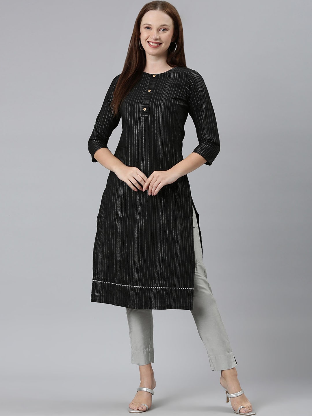 

KALINI Striped Three-Quarter Sleeves Straight Kurta, Black