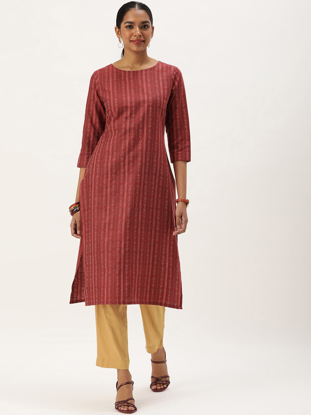 KALINI Striped Round Neck Cotton Straight Kurta, Red