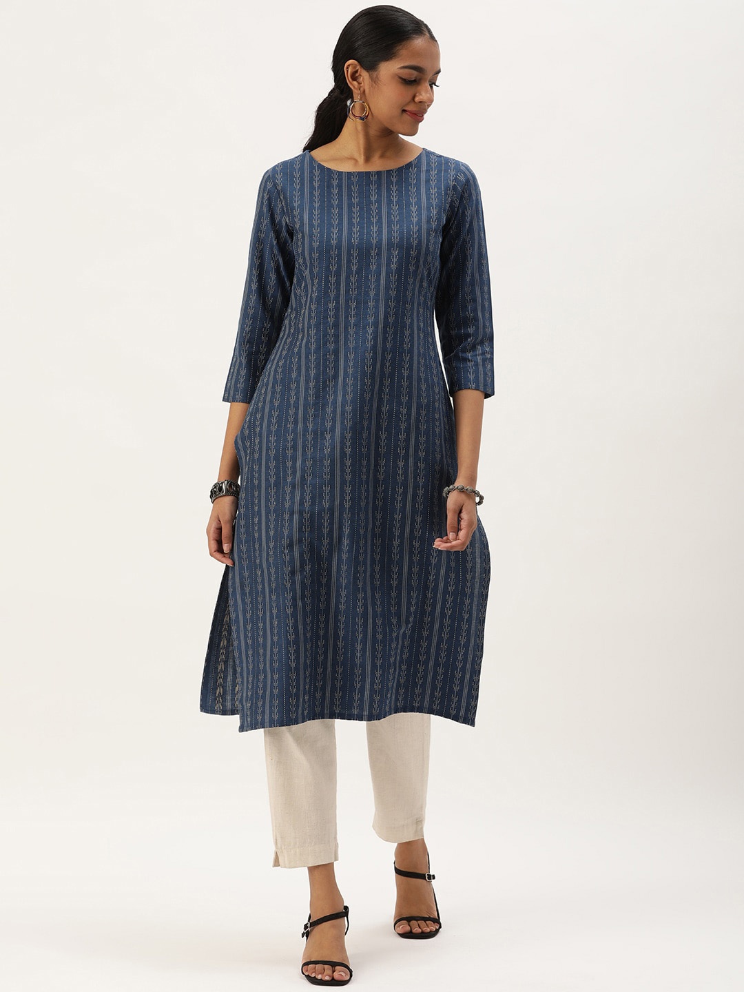 KALINI Striped Boat Neck Three-Quarter Sleeves Cotton Straight Kurta, Blue