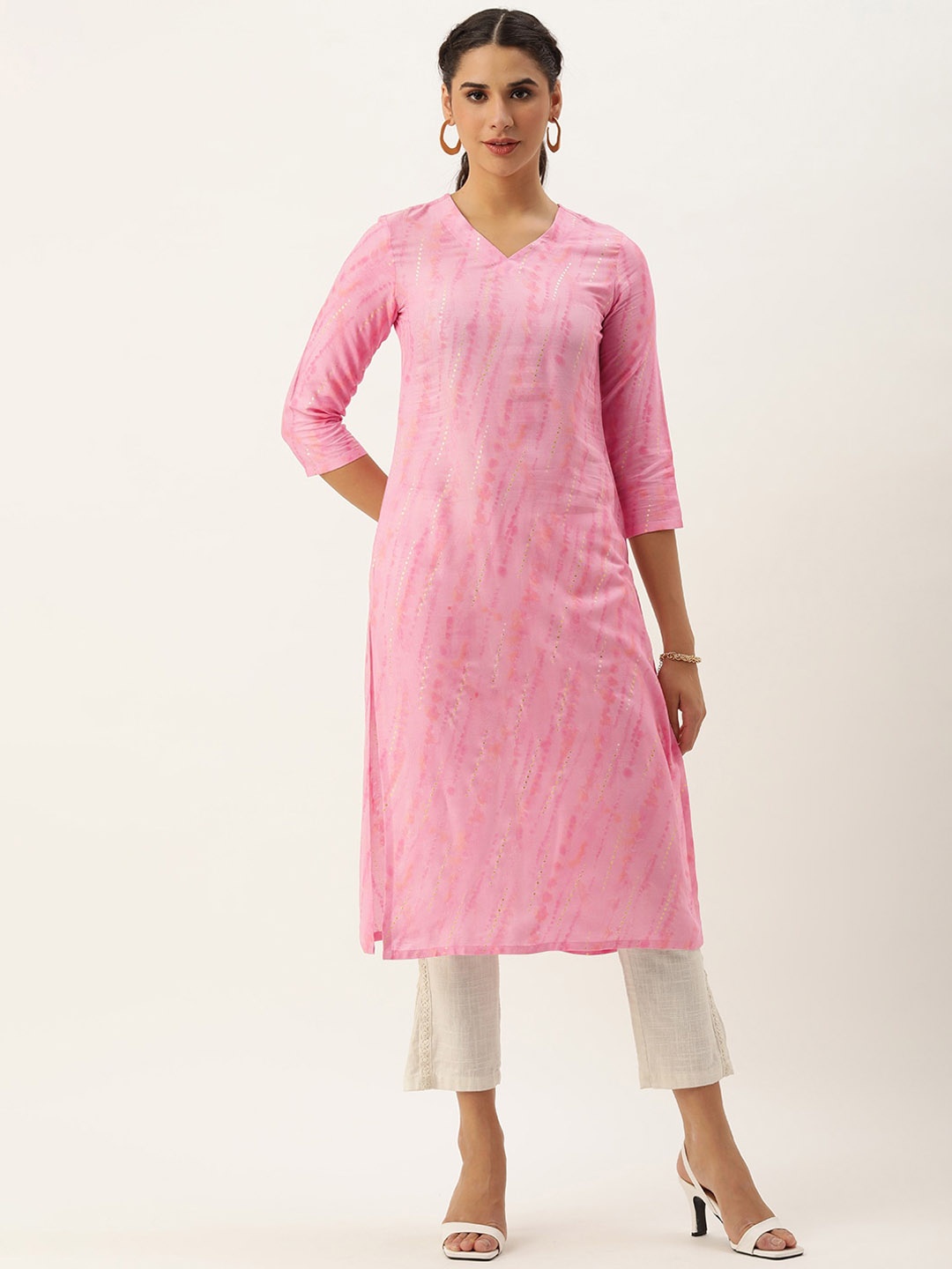 

KALINI Tie & Dye V-Neck Straight Kurta, Pink