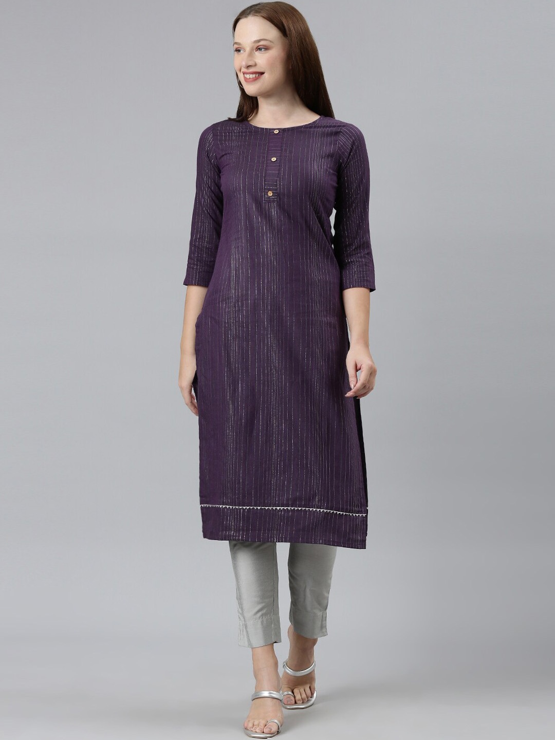

KALINI Striped Sequinned Straight Kurta, Purple