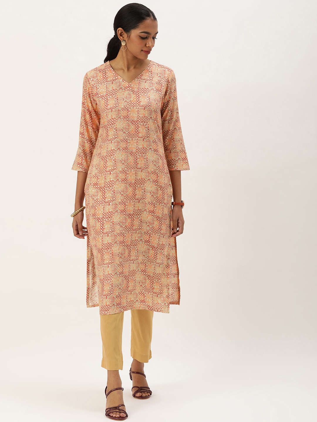 

KALINI Ethnic Motifs Printed Straight Kurta, Peach