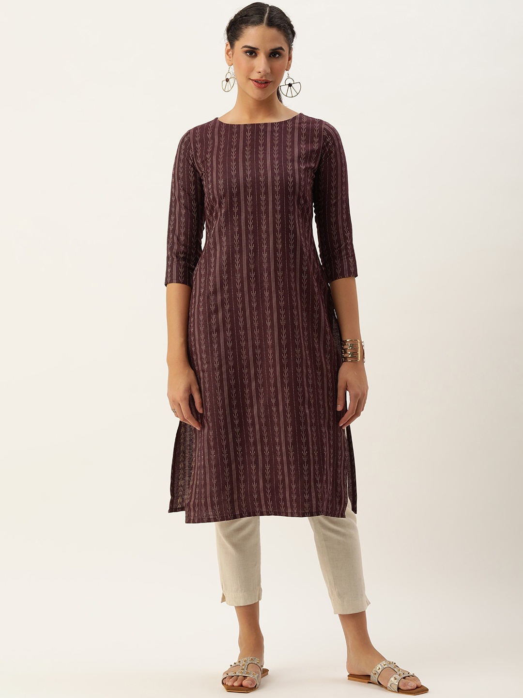 

KALINI Striped Straight Cotton Kurta, Brown