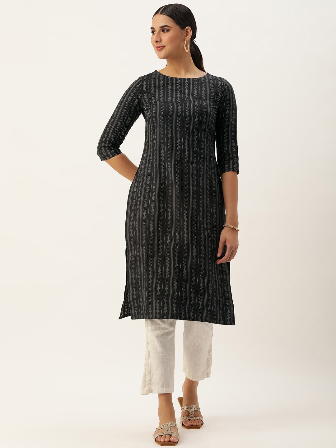 KALINI Striped Boat Neck Three-Quarter Sleeves Cotton Straight Kurta, Blue