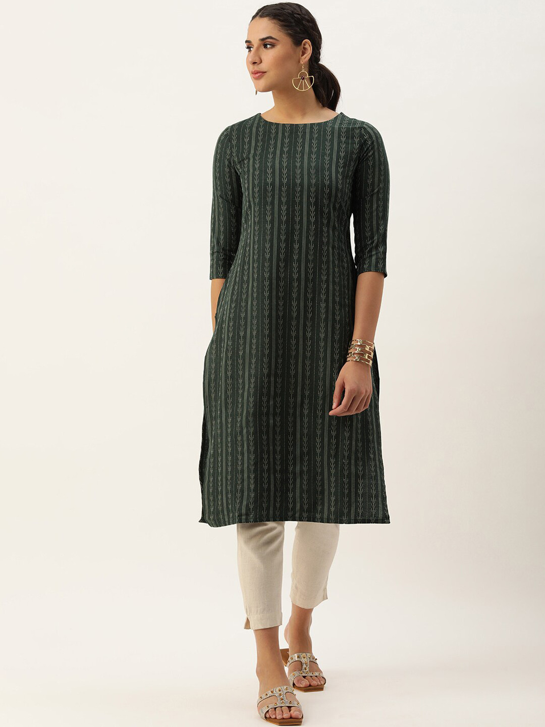

KALINI Striped Woven Design Boat Neck Straight Kurta, Green