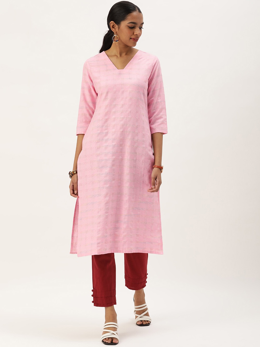 

KALINI Checked V-Neck Straight Kurta, Pink