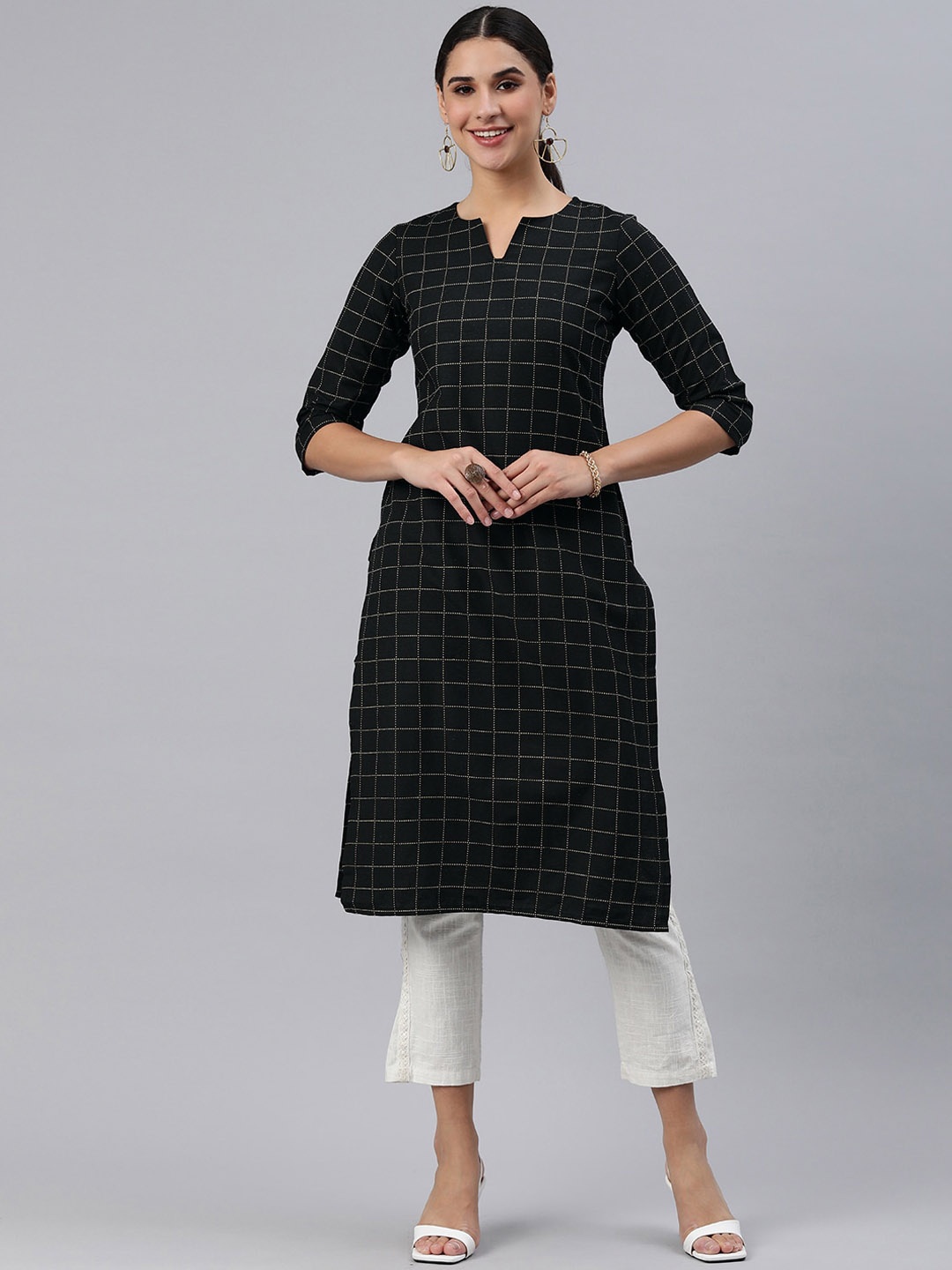

KALINI Checked Straight Kurta, Black