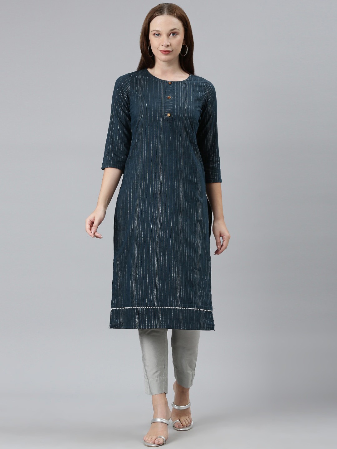 

KALINI Striped Thread Work Cotton Round Neck Panelled A-Line Kurta, Turquoise blue