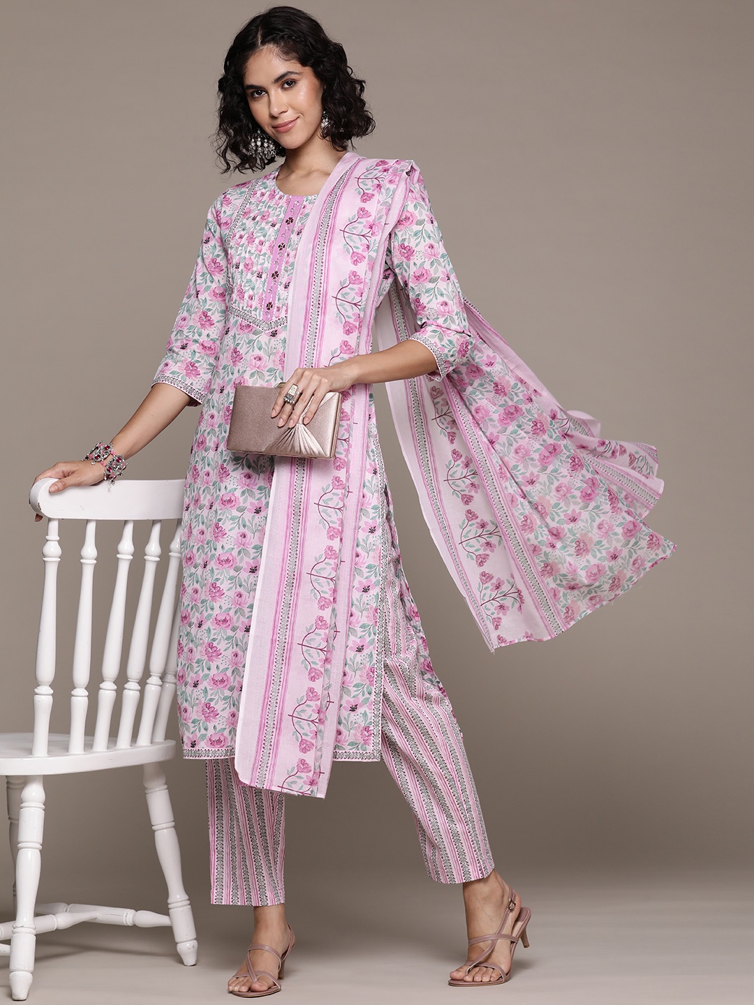 

Readiprint Floral Printed Beads & Stones Pure Cotton Kurta Set, Pink