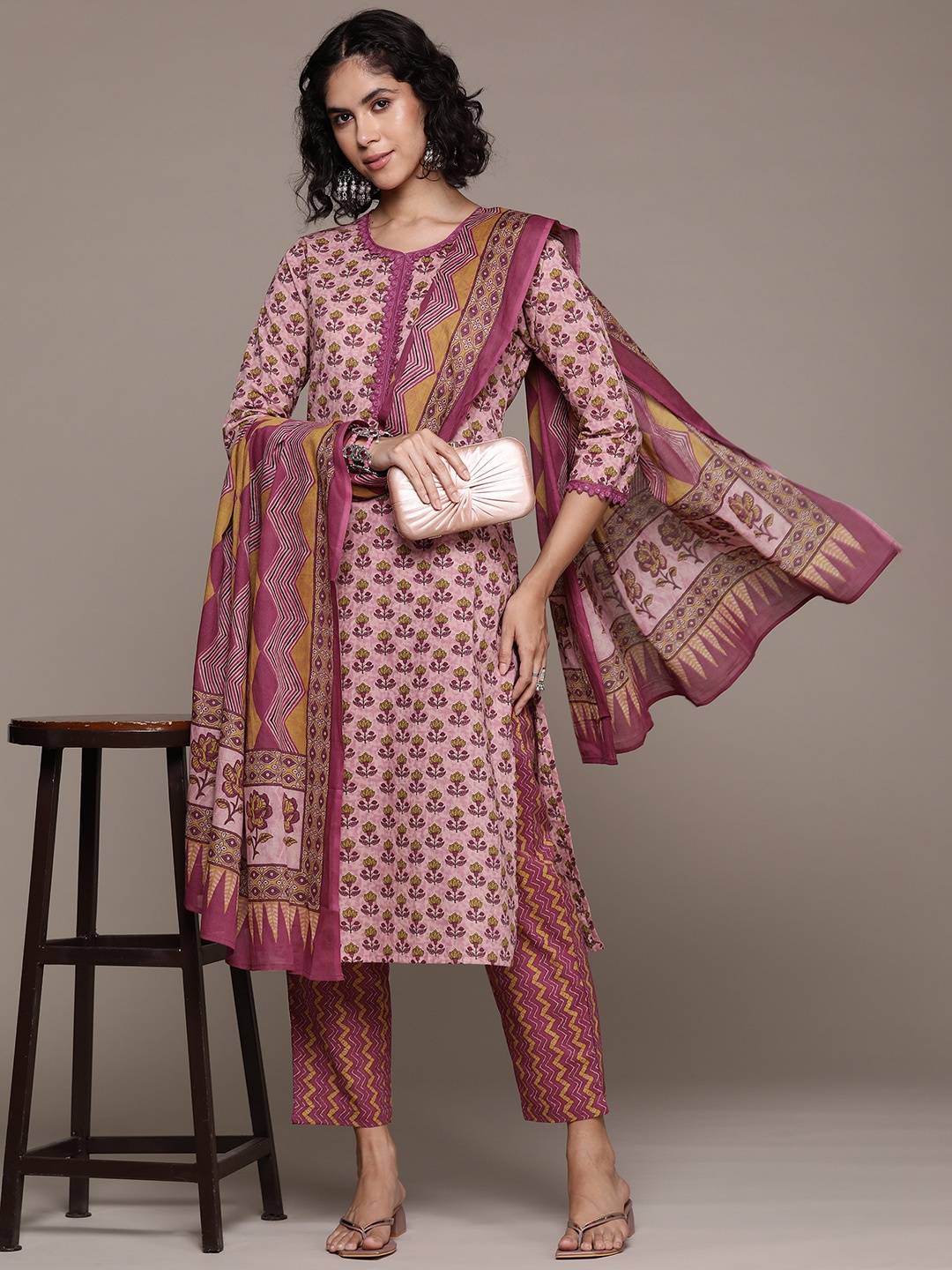 Readiprint Floral Printed Pure Cotton Kurta with Trousers & Dupatta, Mauve