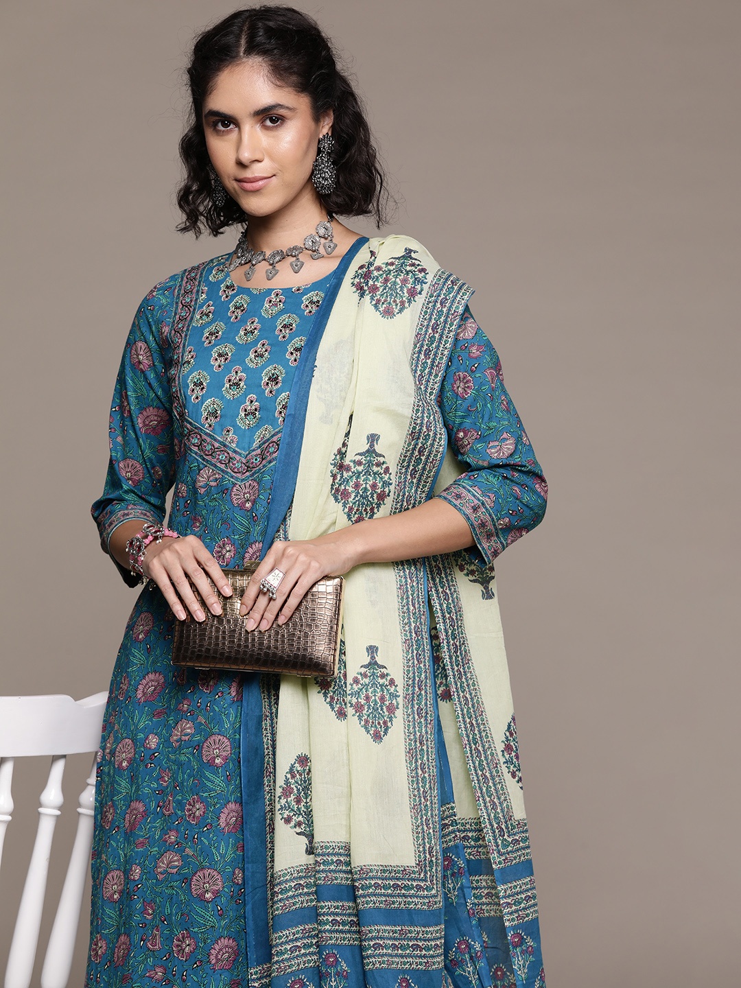 

Readiprint Floral Printed Mirror Work Pure Cotton Kurta Set, Blue