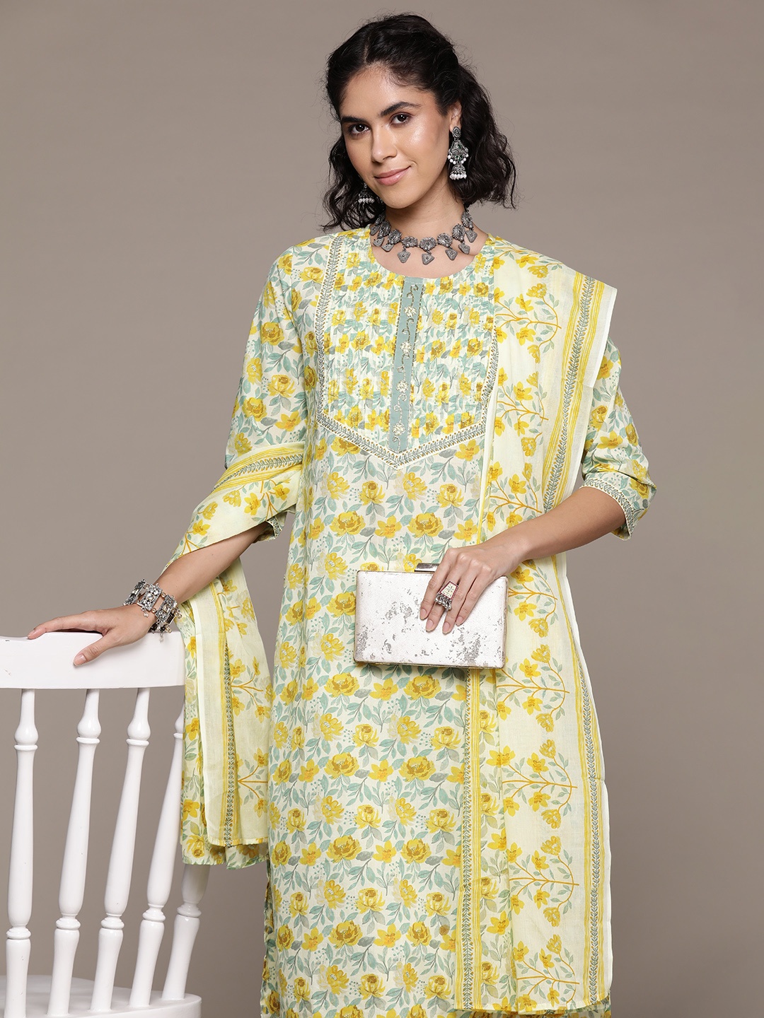 

Readiprint Floral Printed Beads & Stones Pure Cotton Kurta Set, Yellow