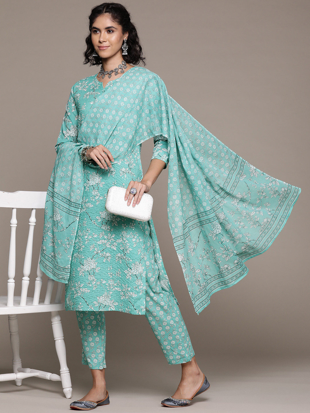 

Readiprint Floral Printed Sequinned Pure Cotton Kurta with Trousers & Dupatta, Sea green