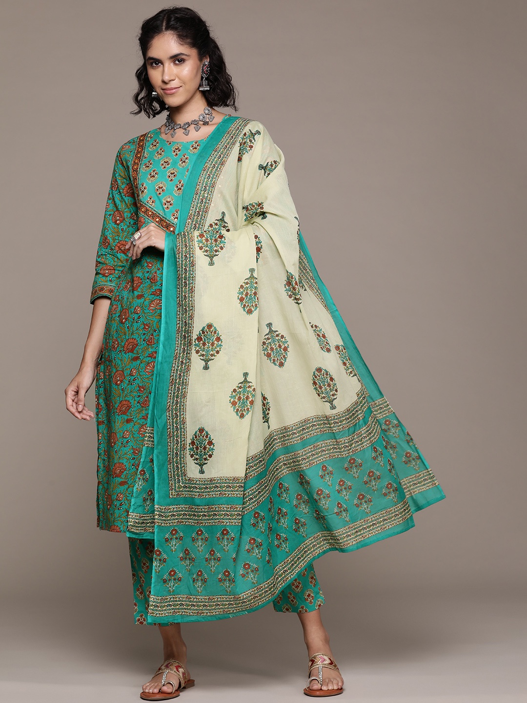 

Readiprint Floral Printed Mirror Work Pure Cotton Kurta with Trousers & Dupatta, Sea green