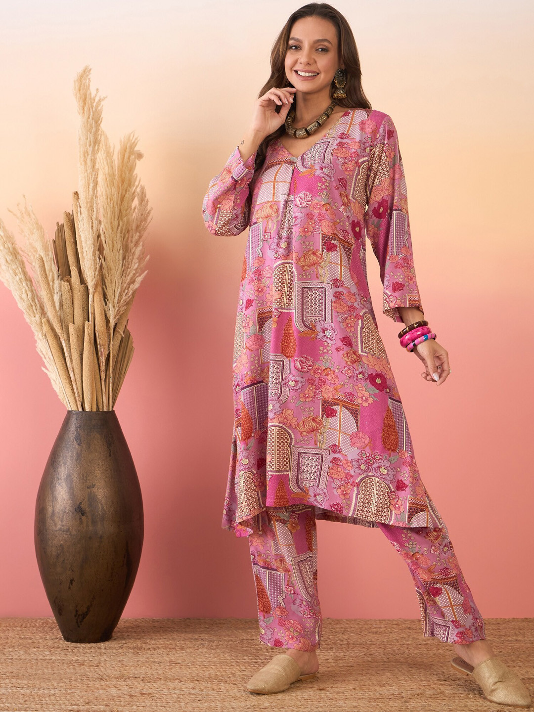 

InWeave V-Neck Floral Printed Regular A-Line Kurta with Trousers, Pink