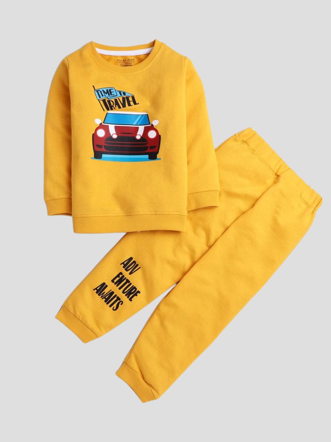 

Polka Tots Unisex Kids Printed Pure Cotton T-shirt With Trouser, Yellow