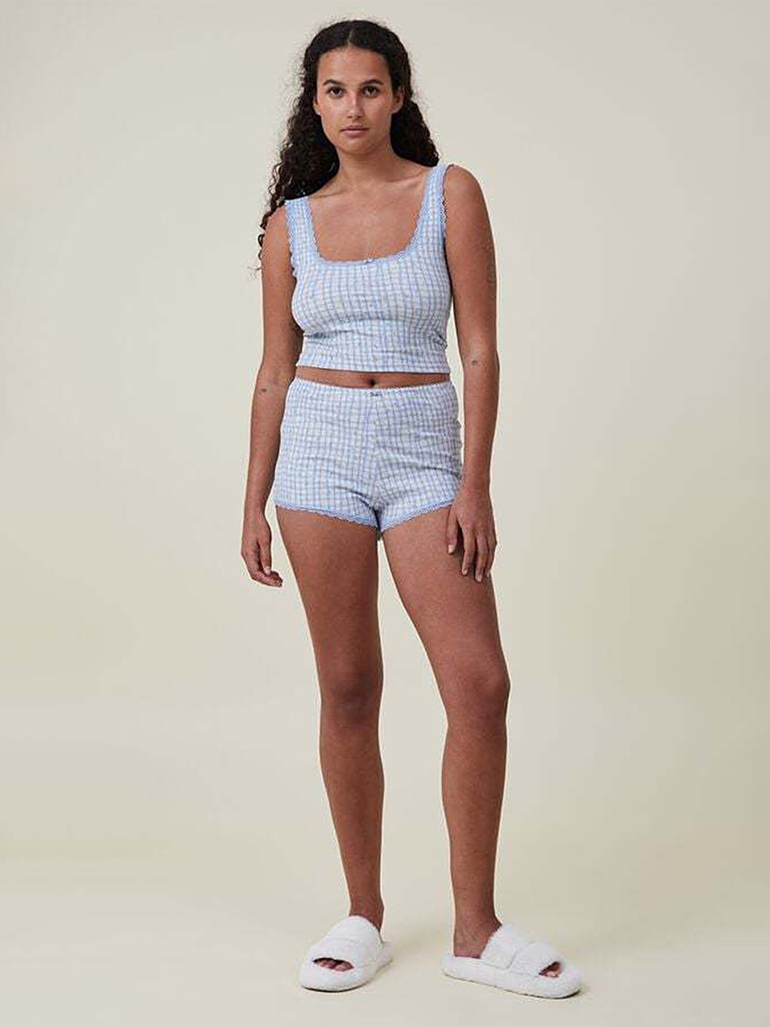 

LULU & SKY Checked Top & Shorts Night suit, Blue
