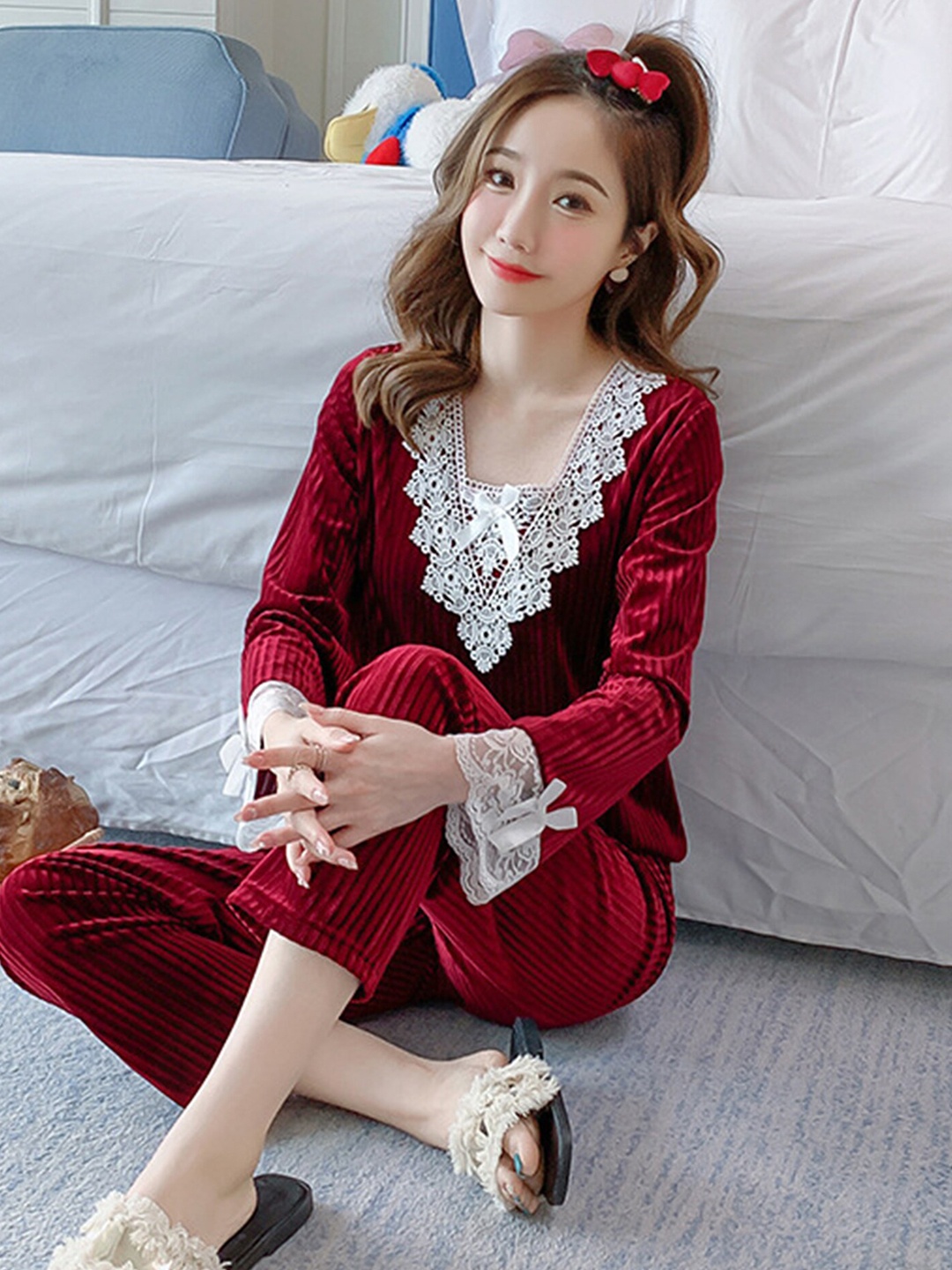 

LULU & SKY Lace Night Suits, Burgundy
