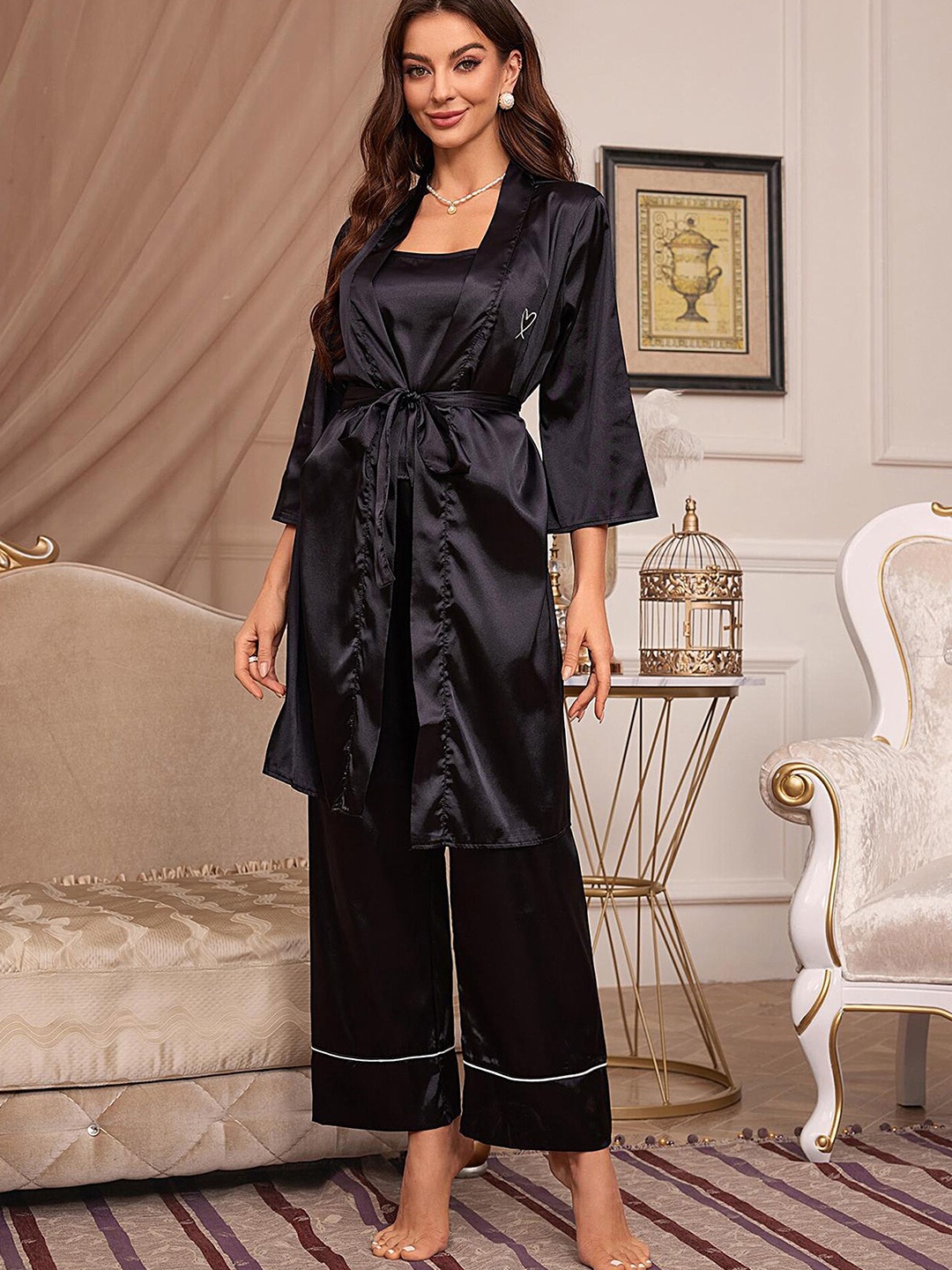 

LULU & SKY Satin Three Piece Night suit, Black
