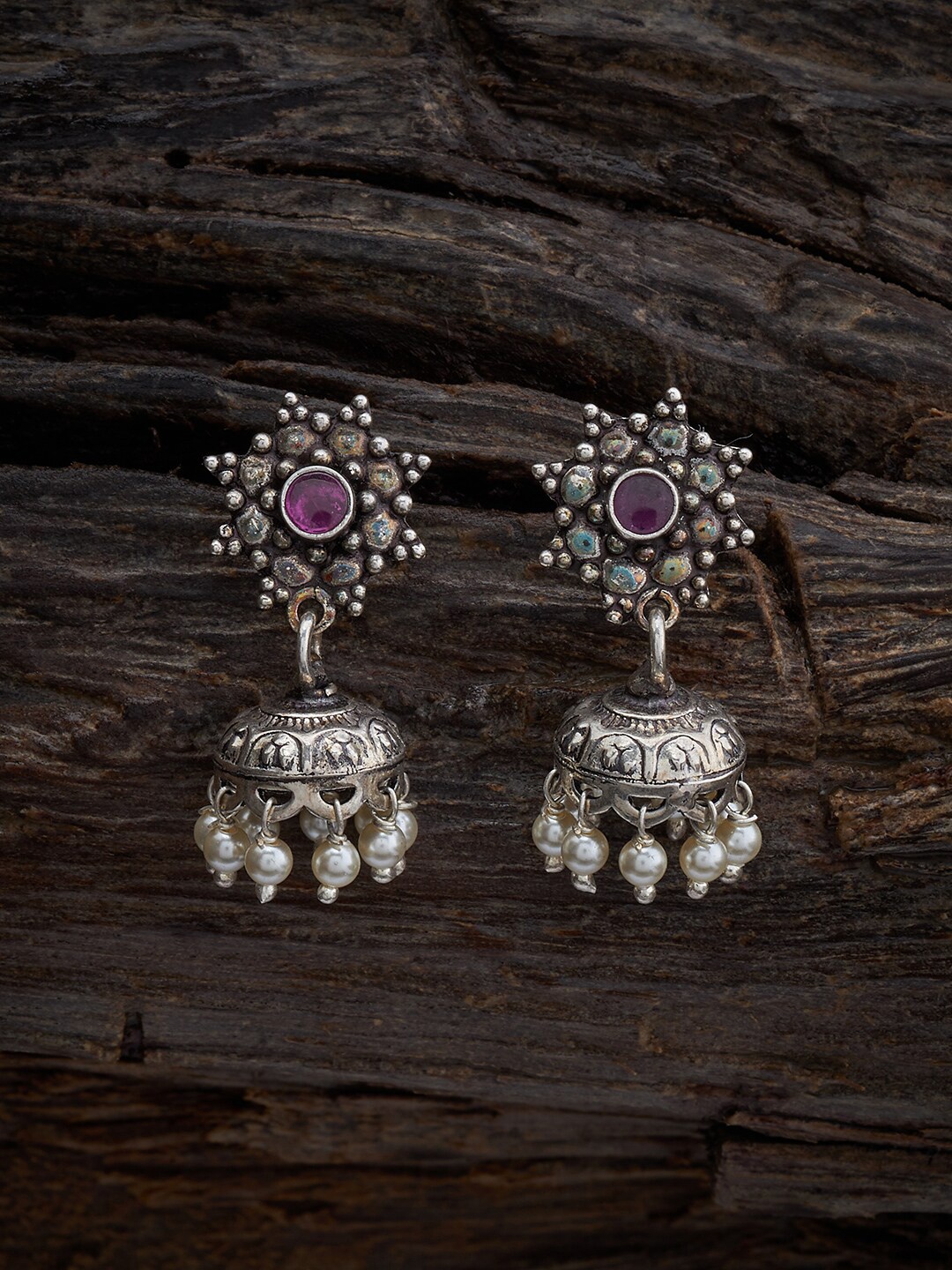 

Kushal's Fashion Jewellery Rhodium-Plated 92.5 Pure Silver Dome Shaped Jhumkas