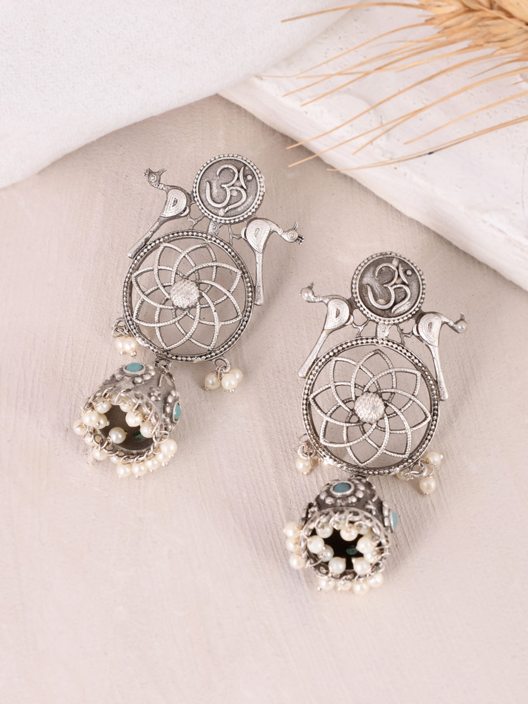 

DASTOOR Silver-Plated Stone-Studded Silver & Beaded Dome Shaped Oxidised Jhumkas