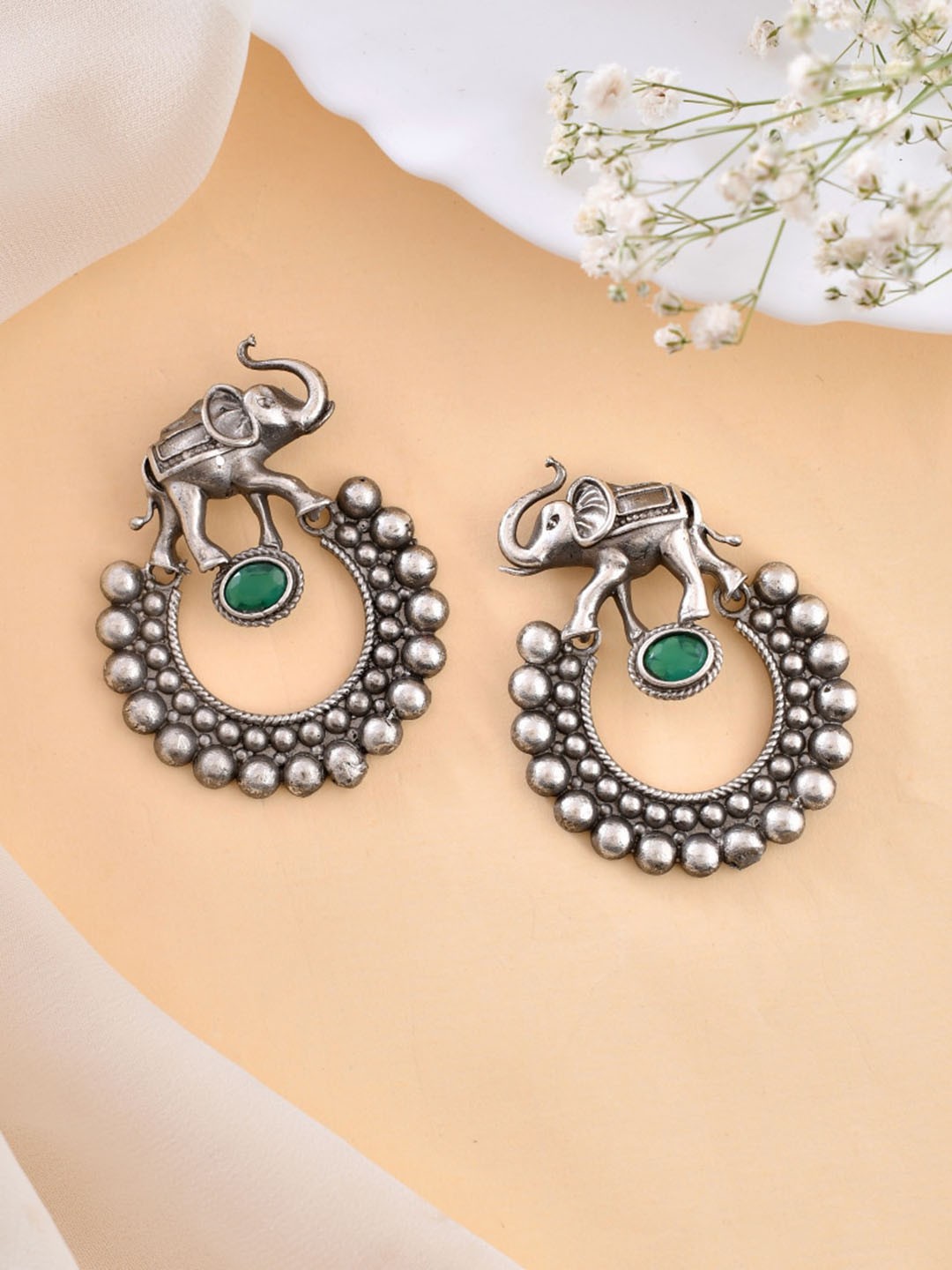 

DASTOOR Silver-Plated Stone-Studded Silver Animal Shaped Oxidised Drop Earrings