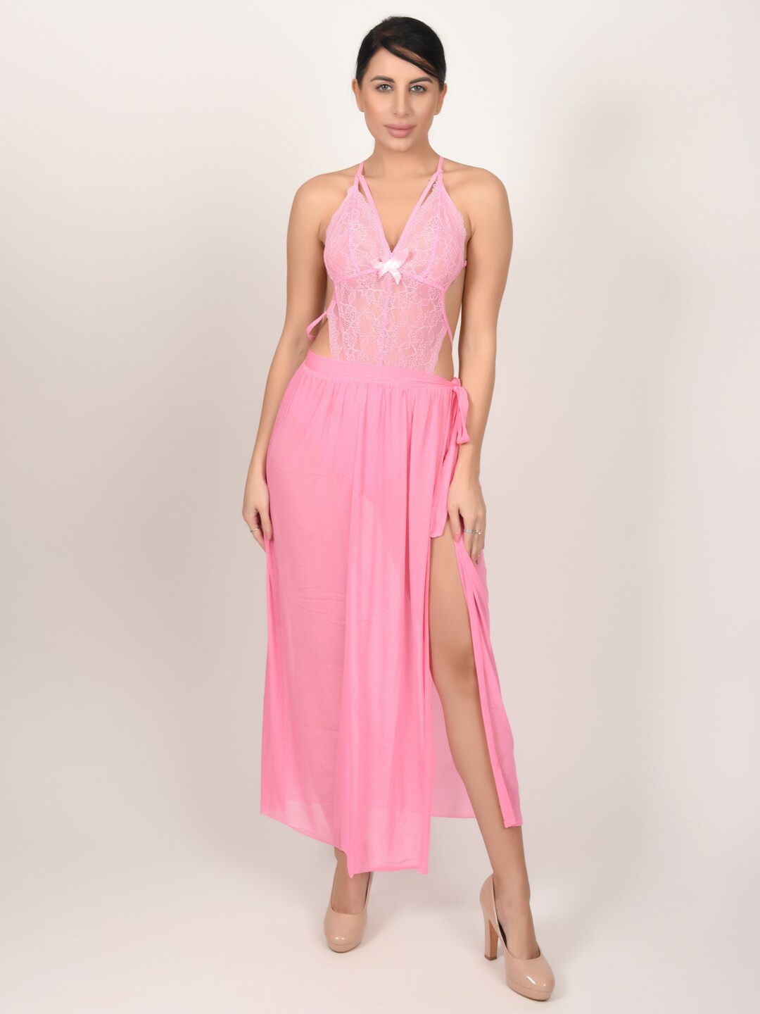 

Xivir Self Design Halter Neck Lace Baby Doll, Pink