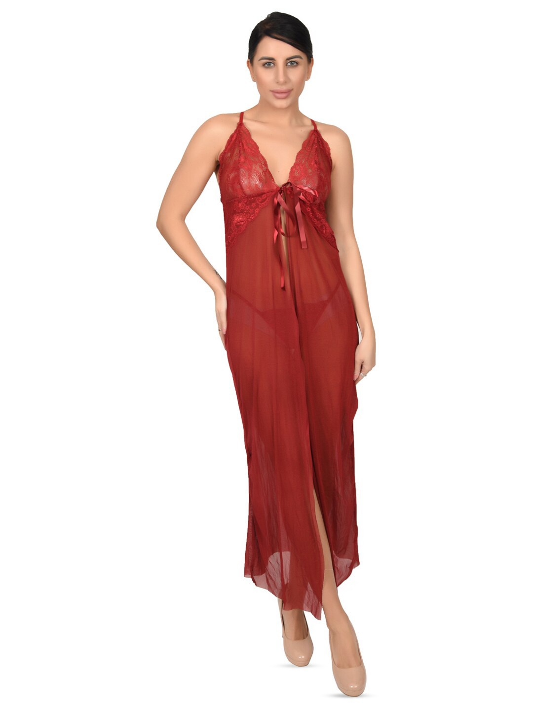 

Xivir Self Design Halter Neck Lace Baby Doll, Maroon