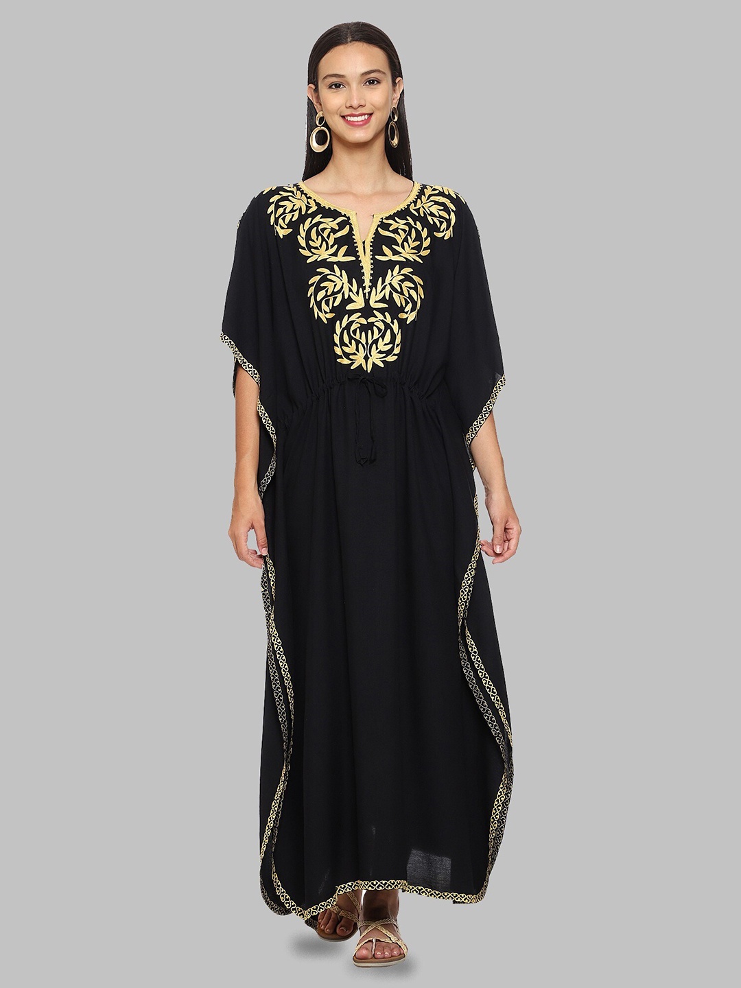 

CRAFTBAZAR Notch Neck Embellished Slit Sleeve Maxi Dress, Black