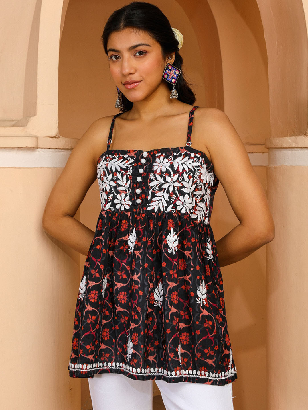 

House of Chikankari Mulmul Chikankari Floral Embroidered Shoulder Straps A-Line Kurti, Black