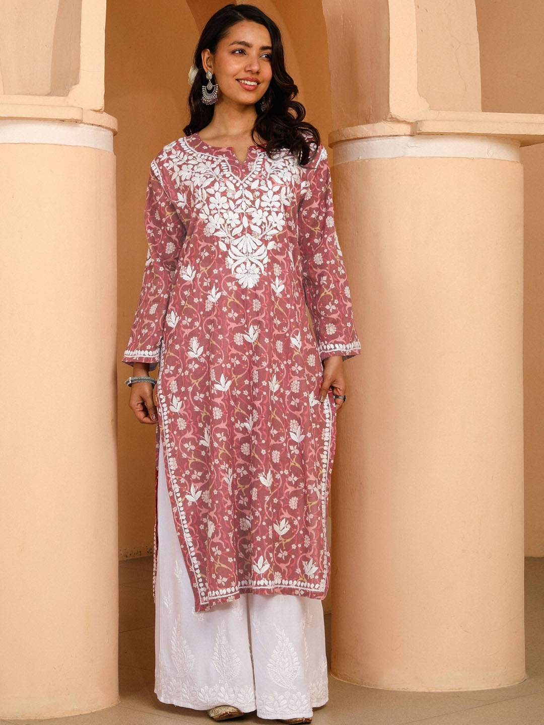 

House of Chikankari Floral Printed Mulmul Chikankari Cotton Straight Kurta, Pink