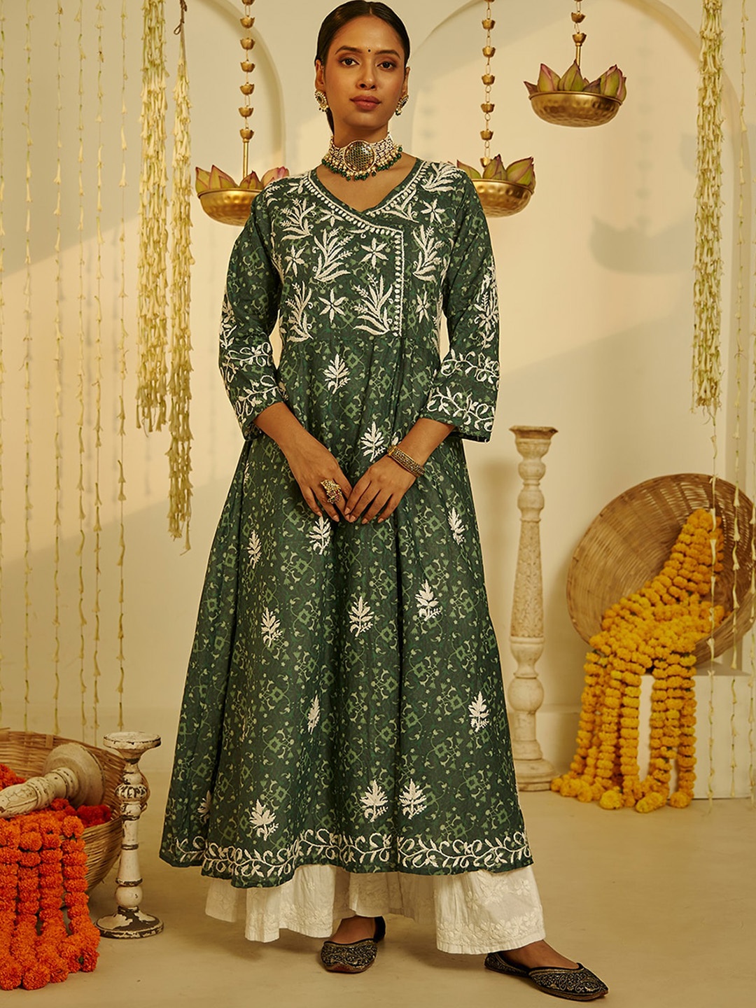 

House of Chikankari Mulmul Chikankari Printed Angrakha Kurta, Green