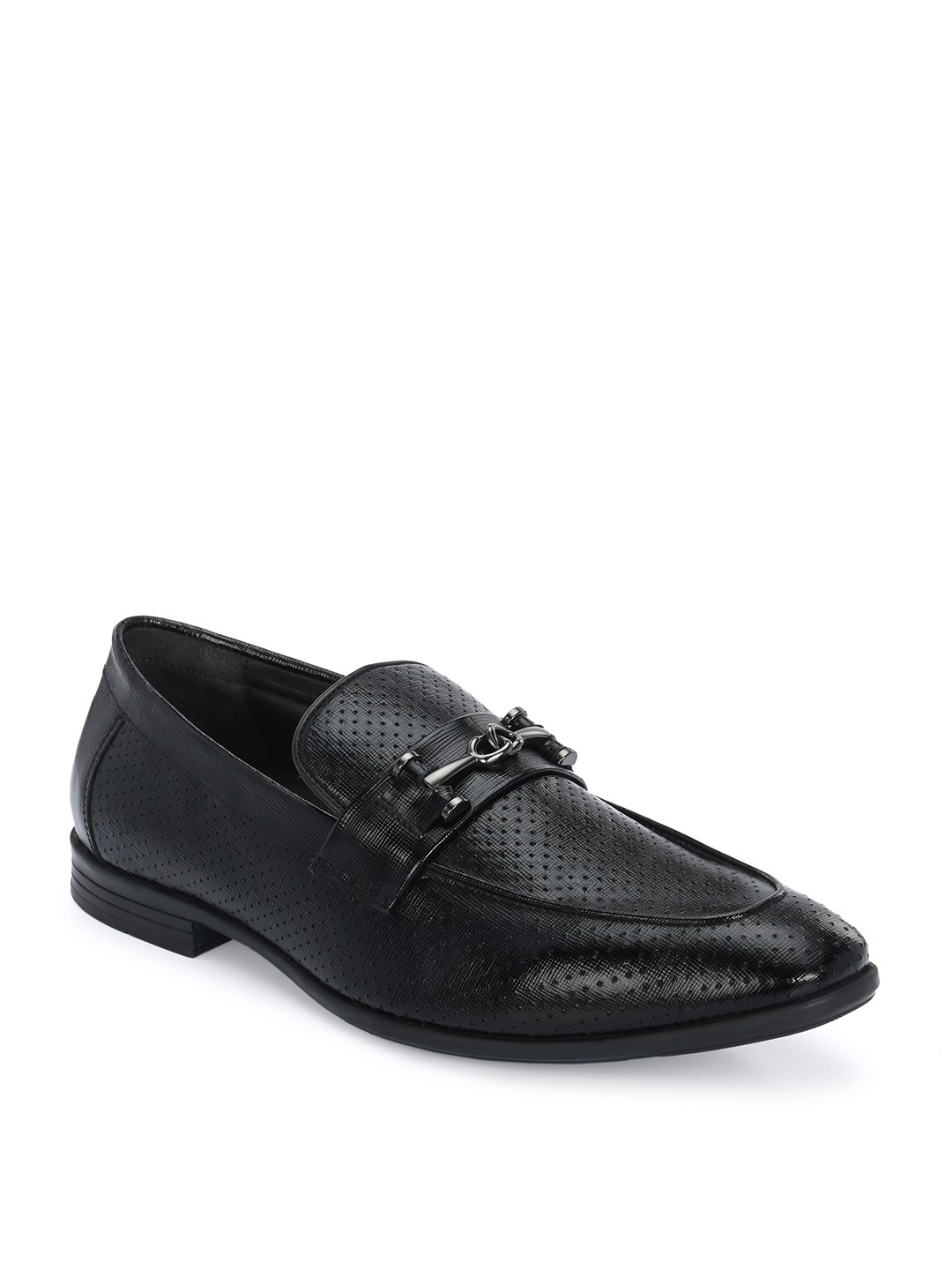 

Hitz Men Textured Leather Formal Horsebit Loafers, Black