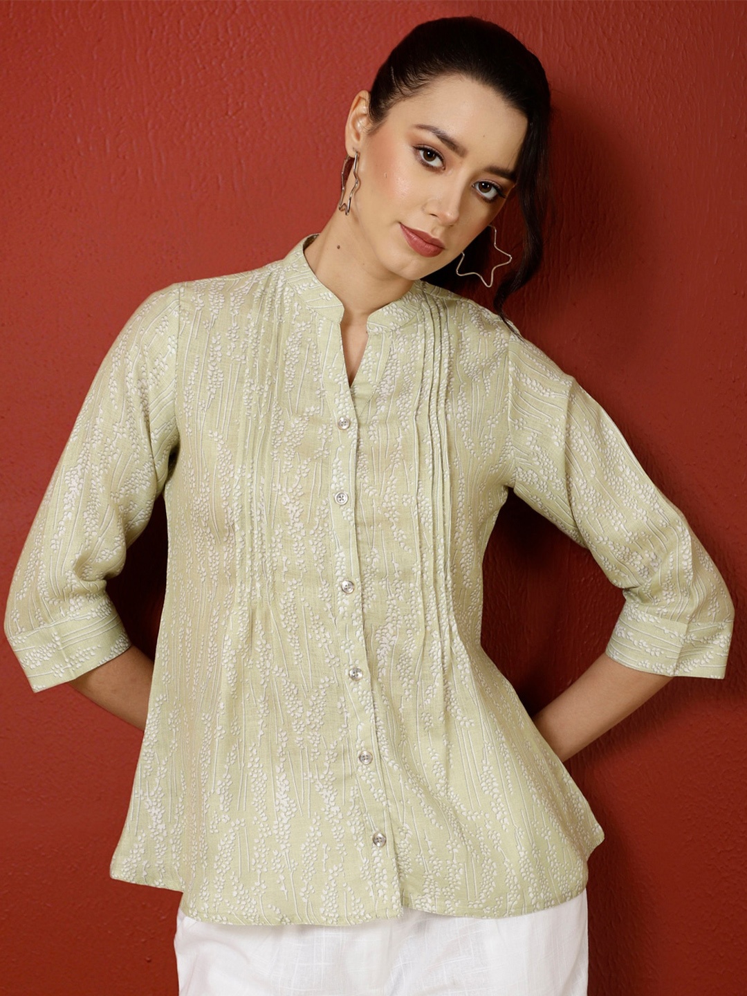 

Jaipur Kurti Floral Print Mandarin Collar Pleated Shirt Style Top, Yellow