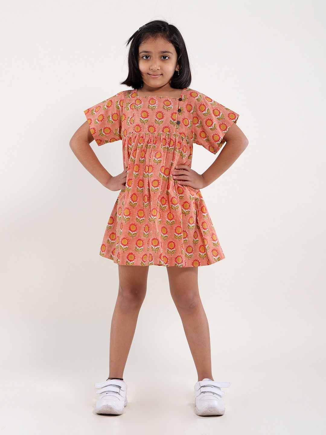 

My Little Lambs Girls Floral Print Cotton Fit & Flare Dress, Peach