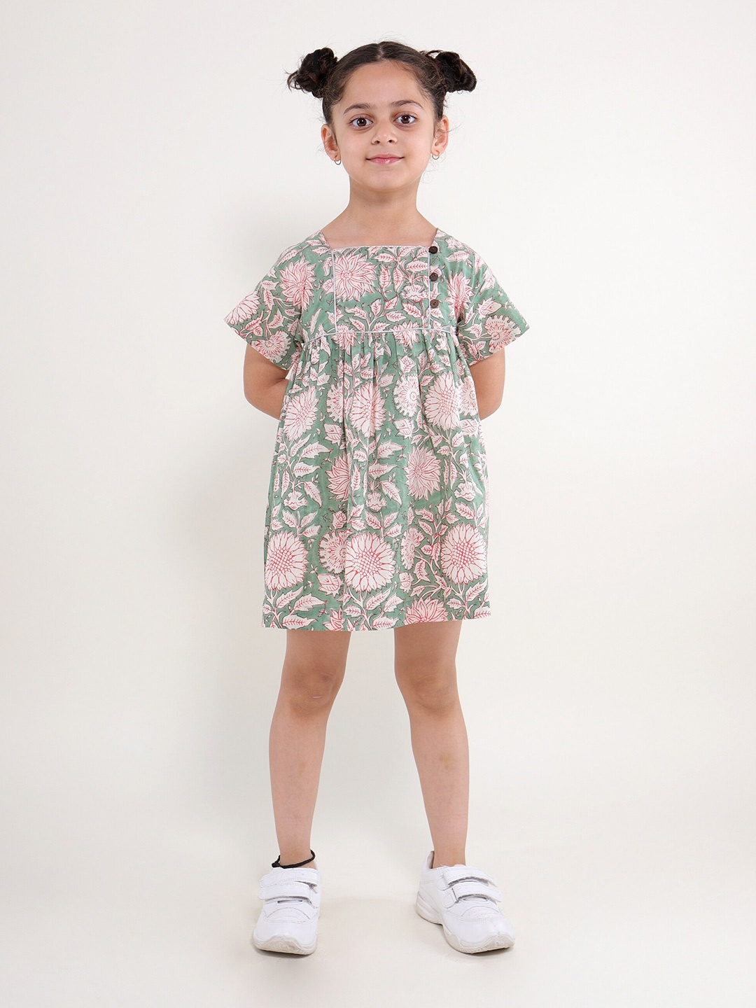 

My Little Lambs Girls Floral Print Square Neck Cotton A-Line Dress, Green