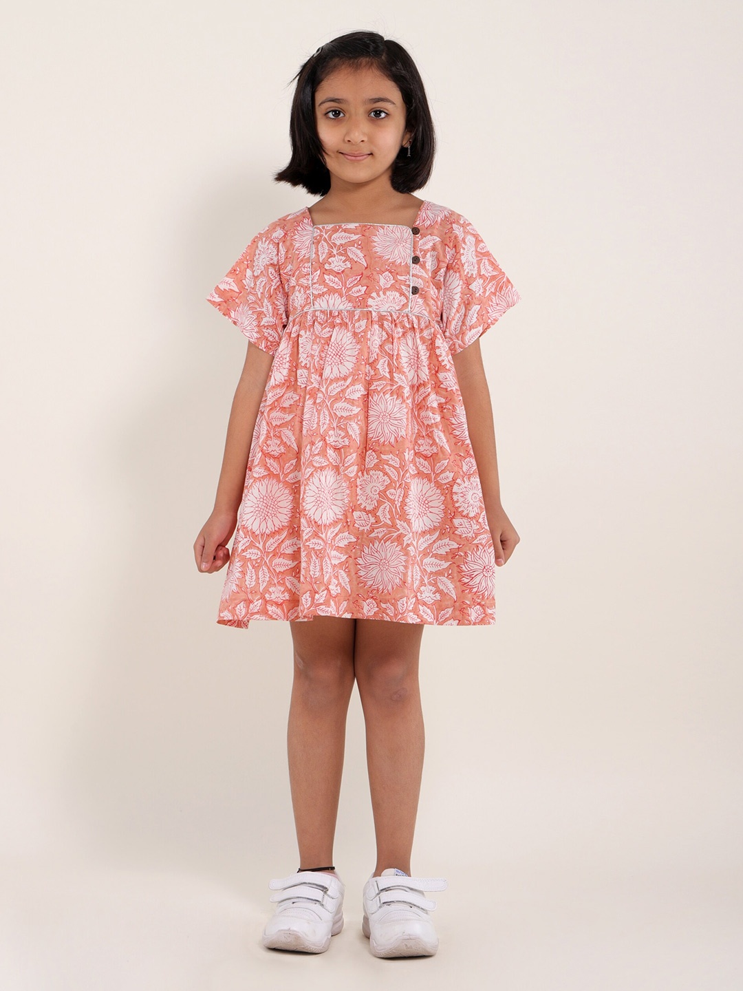 

My Little Lambs Girls Floral Print Cotton Square Neck Short Sleeves Empire Casual Dress, Peach