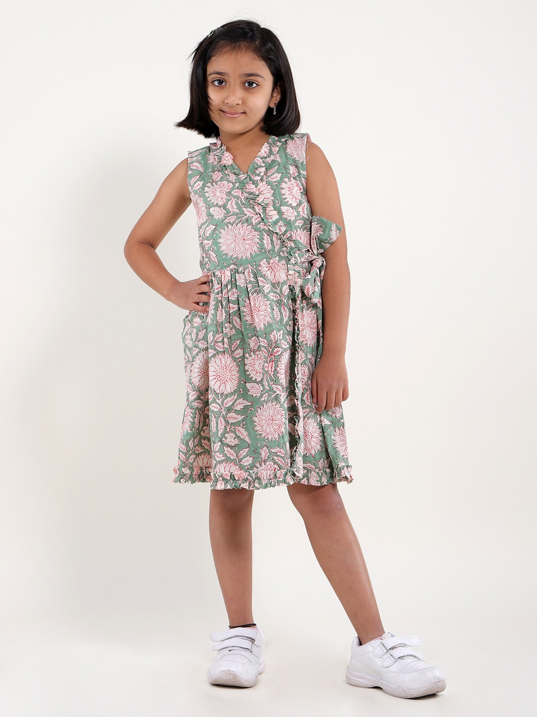 

My Little Lambs Girls Floral Print Cotton Fit & Flare Dress, Green