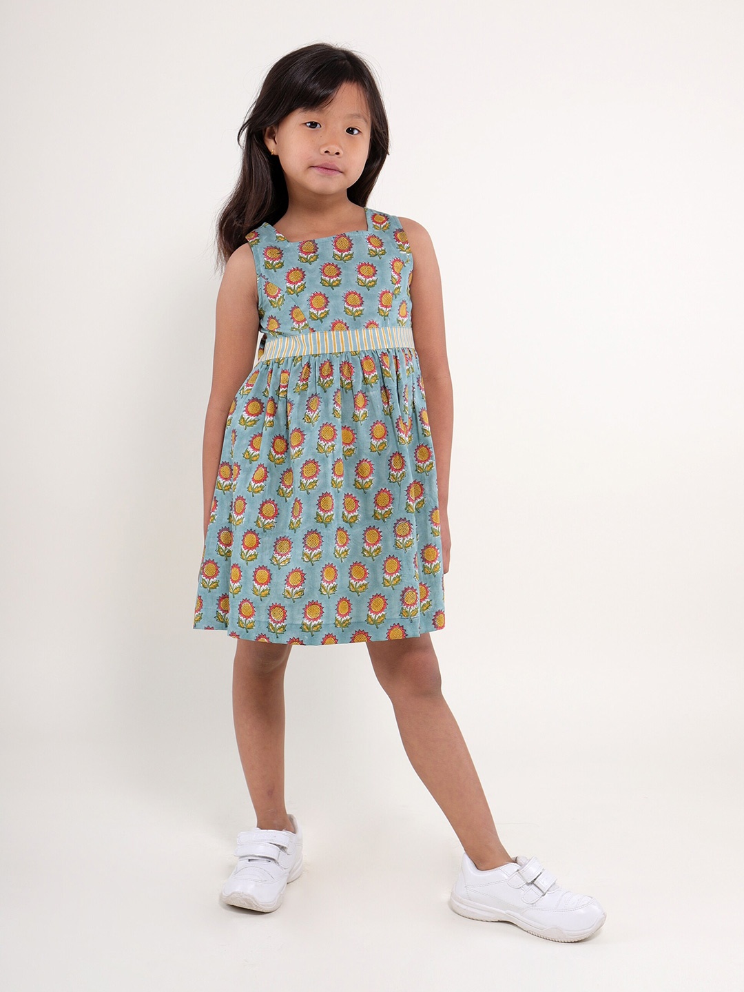 

My Little Lambs Girls Floral Printed Sleeveless Cotton Fit & Flare Dress, Blue