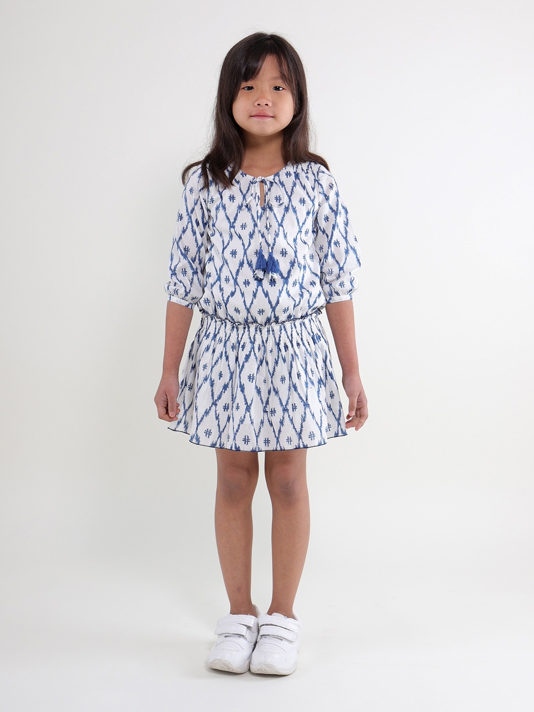

My Little Lambs Girls Ikat Printed Cotton Drop-Waist Dress, Blue