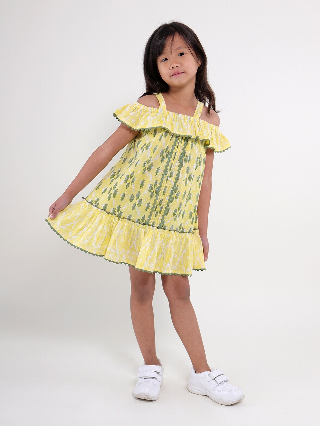

My Little Lambs Girls Floral Print Cold-Shoulder Cotton Fit & Flare Dress, Yellow